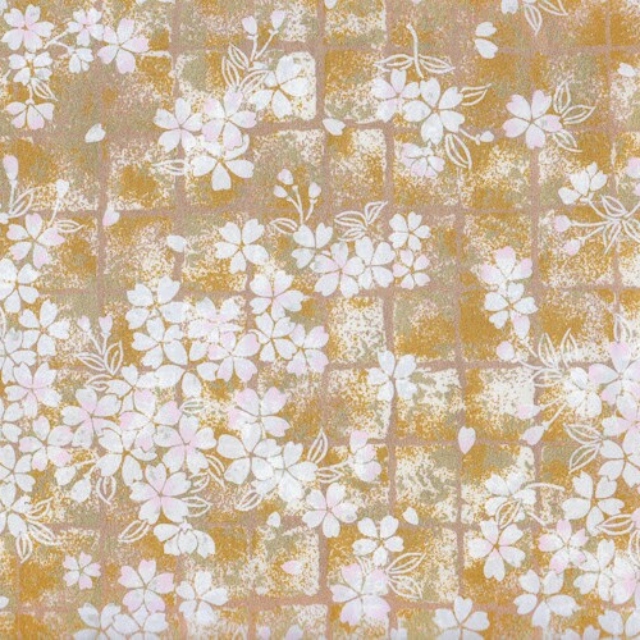 Lampe design en papier japonais - Fleurs de cerisier blanches, fond damier doré-mordoré