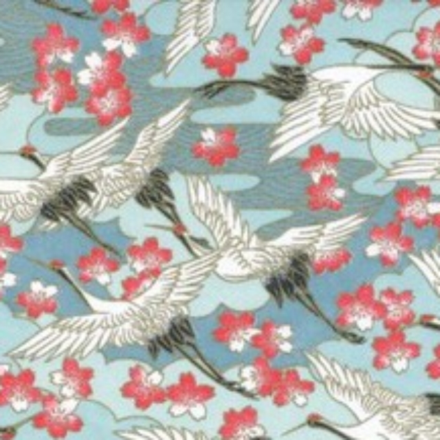 Abat-jour sur-mesure en papier japonais - Envol de grues et fleurs de cerisiers sur fond turquoise