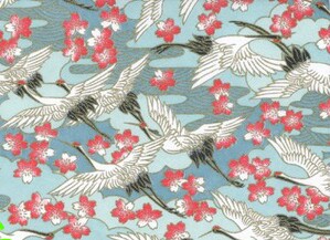 Abat-jour sur-mesure en papier japonais - Envol de grues et fleurs de cerisiers sur fond turquoise