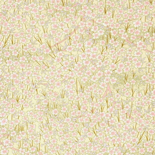 Abat-jours en papier japonais - Champ de fleurs blanches et rose fond jaune pâle