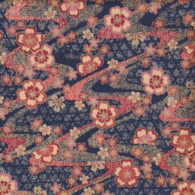Lampe fleurie en papier japonais - Fleurs de pruniers roses et rouges fond bleu foncé
