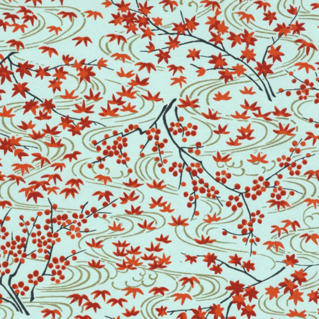 Luminaire à motifs japonais - Feuilles d'érables rouges sur fond bleuté