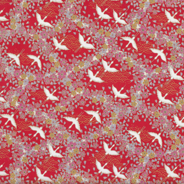 Luminaire japonisant - Grues blanches et fleurs sur fond rouge