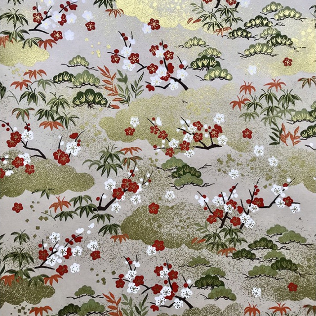 Lampe japonaise - Paysage de pins, bambous et pruniers sur fond beige