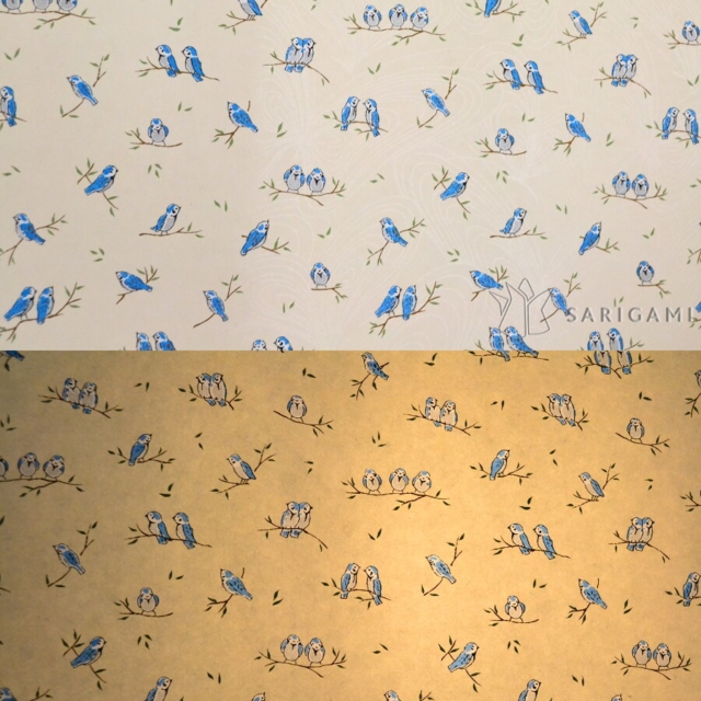 Lampe enfantine en papier japonais -  Oiseaux bleus sur une branche, fond crème