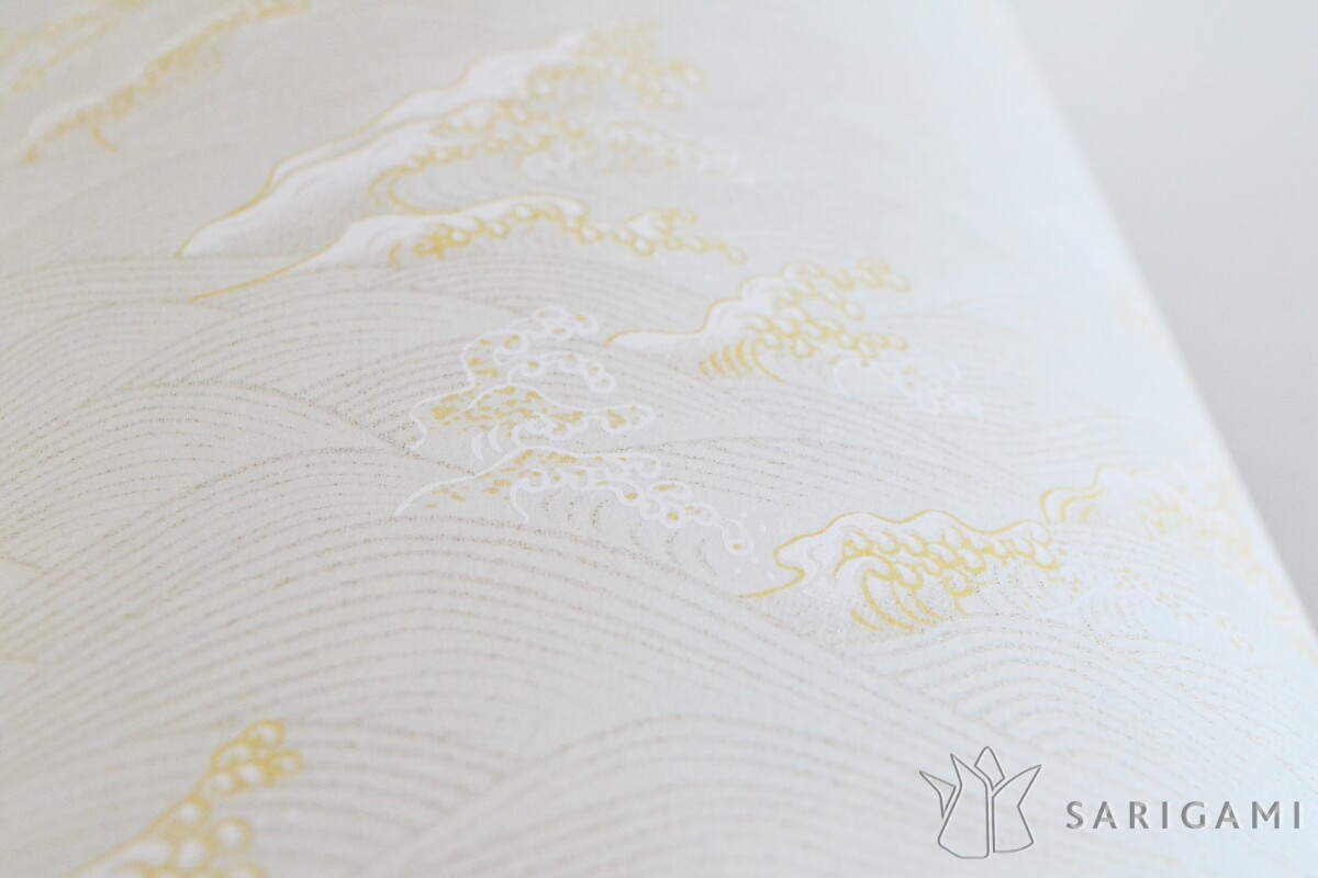 Abat-jours en papier japonais - Vagues et écume nacrées et dorées sur fond blanc