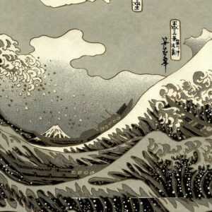 Inspiration d'un tableau de Hokusai, vague et mont fuji en noir et blanc