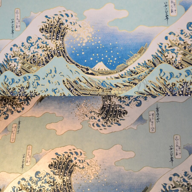 Inspiration d'un tableau de Hokusai, vague et mont fuji en nuances de bleus