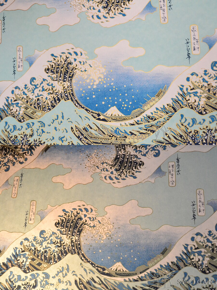 Inspiration d'un tableau de Hokusai, vague et mont fuji en nuances de bleus