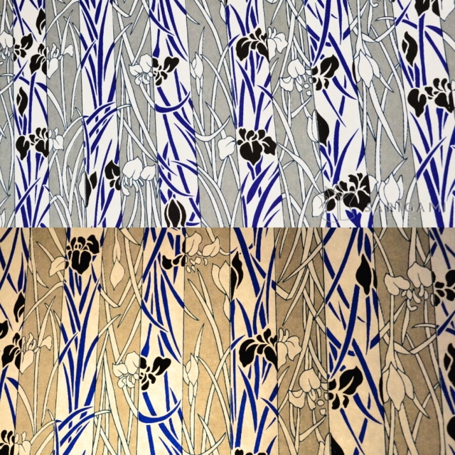 Abat-jour sur-mesure en papier japonais - Bandes et iris art déco, bleu, gris et blanc