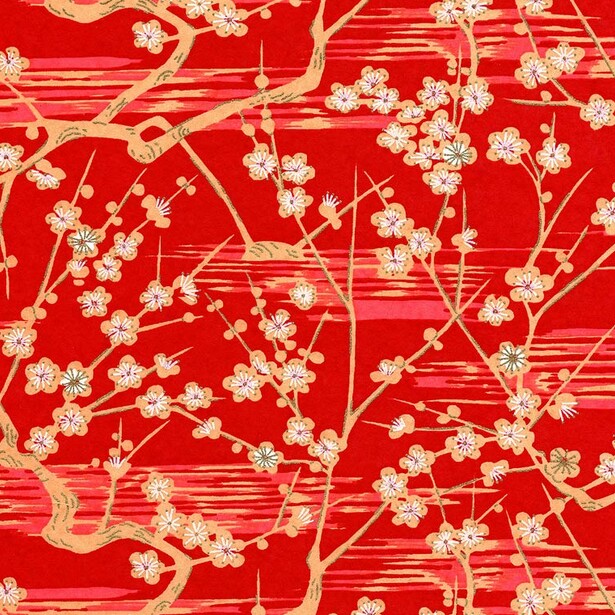 Luminaires en papier japonais - Branches de pruniers fond rouge