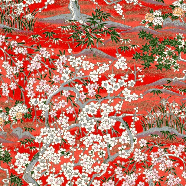 Fabrication de luminaires japonisants - Arbres en fleurs fond rouge