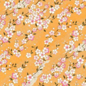 Abat-jour sur-mesure en papier japonais - Fleurs de cerisier blanches et roses, fond orange
