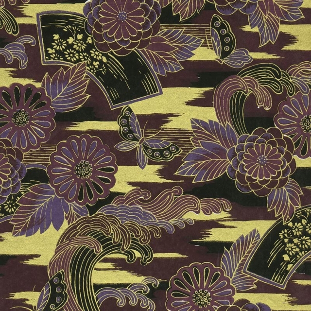Lampes sur-mesure en papier japonais - Grandes fleurs et papillons, fond violet, bordeau et jaune