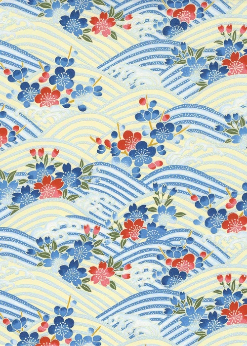 Papier japonais - Vagues rayées bleues et blanches, fleurs rouges et bleues