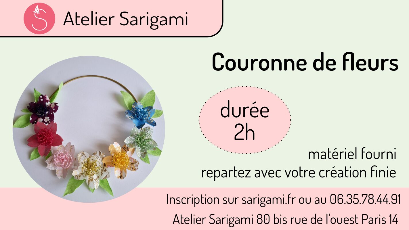 Atelier de printemps, couronne de fleurs en papier et mizuhiki